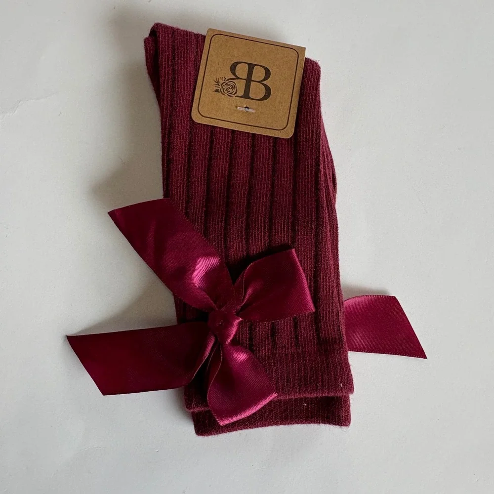 Baileys Blossoms Toddler Girls 2-3T Wine Martha Bow Socks Knee High NEW